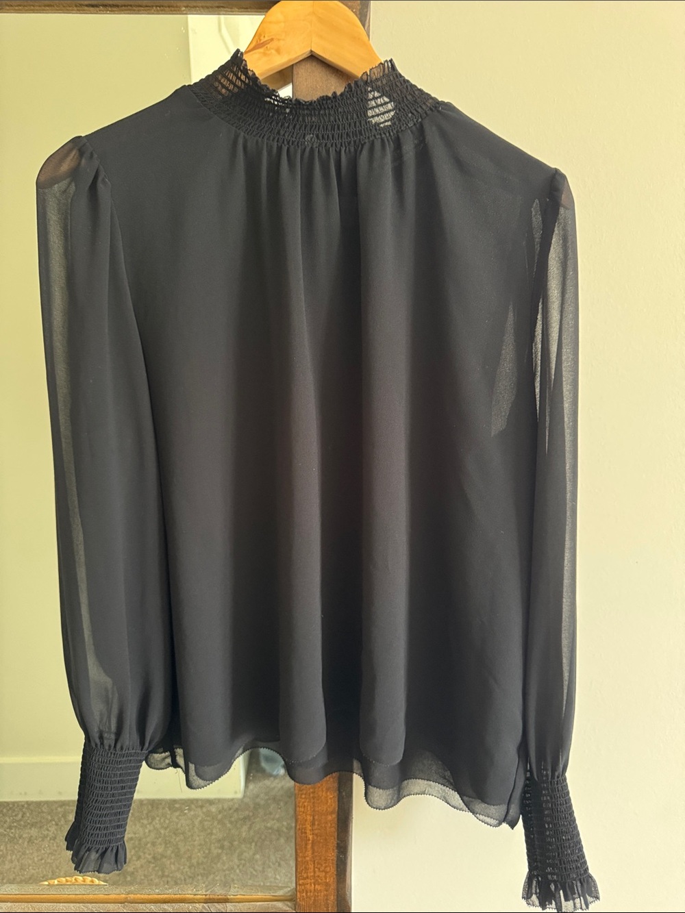 Wilfred Black Sheer Smocked-Neck Long Sleeve Blouse